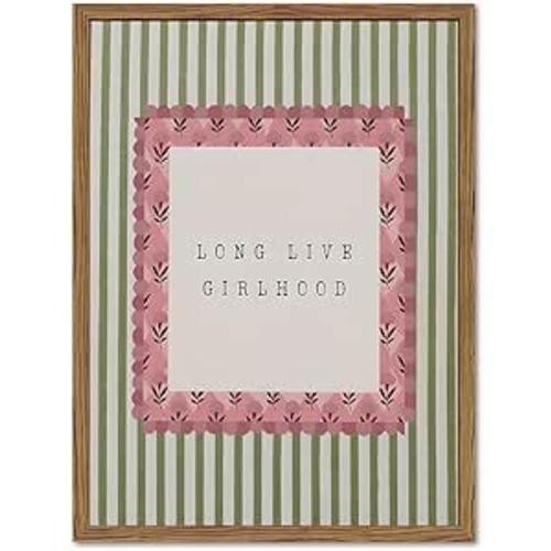 Long Live Girlhood Wall Art Vintage Girl Nursery Wall Decor Picture, Pink and Green Striped Baby Girls Poster Canvas Print Painting Artwork for Living Room Bedroom 16x24 inch Wood Framed