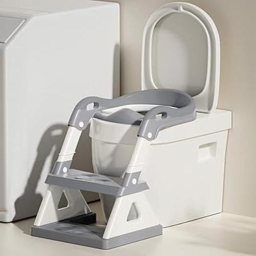 Potty Training Seat Toilet Seat for Toddler 2 in 1 Potty Chair with Splash Guard Step Stool Ladder Collapsible Anti-Slip Foldable Toilet Training Seat for Kids Boys and Girls (Grey)