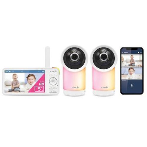 V-Tech 5" HD Smart WiFi Pan Tilt Battery Video Baby Monitor with 2 Cameras: High-Definition Screen, Wi-Fi Enabled, 2-Way Talk