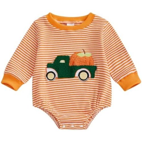 MERSARIPHY Newborn Baby Girl Boy Halloween Outfits Long Sleeve Stripe Waffle Knit Pumpkin Bubble Romper Fall Winter Clothes
