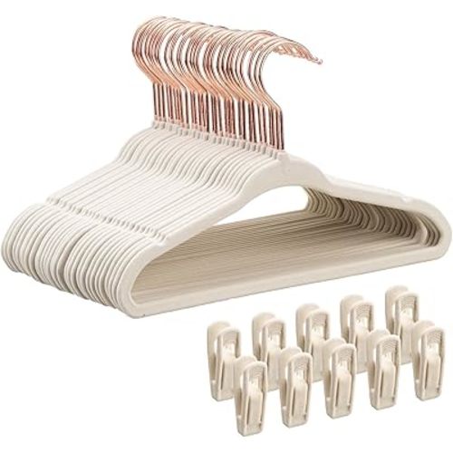 Kids Velvet Hangers 30 Pack - 14" Inch Premium Non Slip Kids Felt Hangers for Clothes - Ultra Thin Baby Felt Hangers for Youth Childrens' Closet with 10 Hanger Clips - Beige
