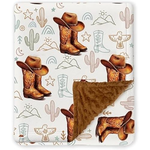 Western Baby Blanket, Cowboy Minky Blankets for Boys Girls, Nursery Room Decor, Soft Warm Lightweight Nursery Bed Blanket for Newborn Toddlers Son Daughter (01)