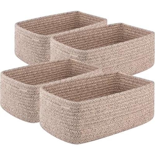 4 Pack Small Storage Shelf Baskets for Organizing, Mini Woven Rope Storage Bins for Towels, Cute Decorative Closet Organizer,Baby Nursery, Gift Empty Baskets -11.81''Lx7.87''Wx4.72''H'-Brown