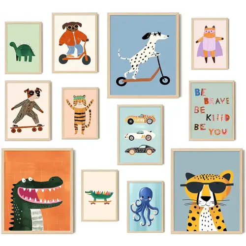 Aroutde 12Pcs Baby Nursery Room Decor, Cartoon Animal Playroom Canvas Wall Art Kids Transport Inspirational Quotes Posters Colorful Printing for Boys and Girls Room Decor(Unframed)