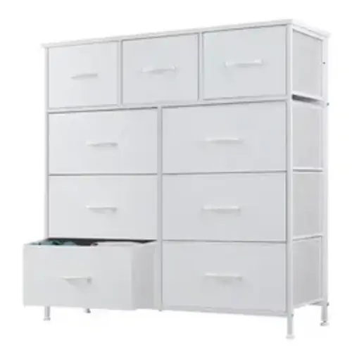 Sweetcrispy Modern 9-Drawer Fabric Storage Tower - Fabric/Metal Indoor Cabinet with Bins, Steel Frame, Wooden Tabletop, Drawer Chest Dresser for Bedroom, Storage Organization Home Goods - TikTok Shop