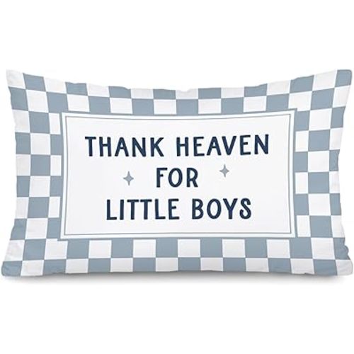 Baby Boy Nursery Decor Thank Heaven for Little Boys Pillow Cover 12x20, Blue Checkered Throw Pillow Cover,Newborn Gifts, Baby Shower Decorations for Toddler Boys Room Playroom