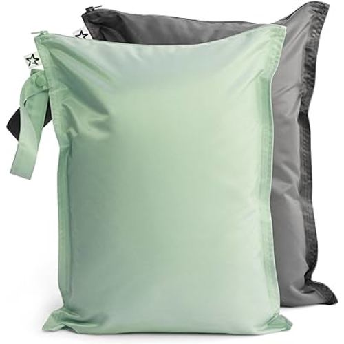 Tiny Twinkle Mess-proof Wet Bags 2 Pack Waterproof and Washable Bag for Travel storage, Stroller, Daycare, Baby Diapers, Yoga, Beach, Pool, Wet Toddler Swimsuits (Sage, Charcoal)