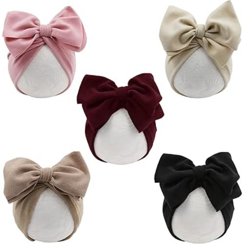 DRESHOW BQUBO 5 PCS Baby Cotton Hats Big Bow Knotted Headwrap Turban Baby Infant Beanie Baby Girl Soft Toddler Cap for Winter