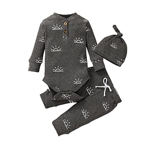 Siracend Newborn Infant Baby Boy Clothes Print Long Sleeve Bodysuit + Pants + Hat 3 PCS Outfits Set
