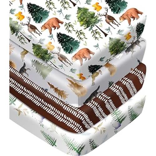Fitted Baby Crib Sheets Set of 4, Unisex Crib Sheets for Boys Girls, Soft Neutral Crib Mattress Sheet, Breathable for Standard Crib and Toddler Mattress, 52 x 28 Inch (Bears and Jungle)