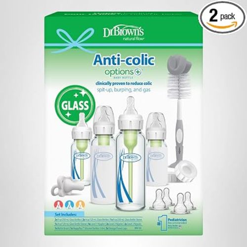 Dr. Brown's Anti-Colic Options+ Narrow Glass Baby Bottle with Level 1 Slow Flow Nipple, BPA-Free, 4 oz/120mL, 0m+, 2-Pack (Packaging May Vary)