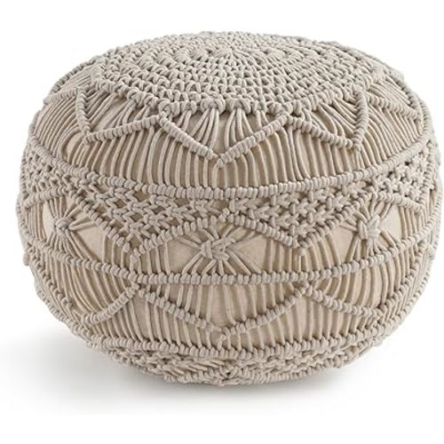LANE LINEN Pouf Ottoman - Hand Knitted Ottoman Foot Rest, Large Round Pouf, Poufs for Living Room, Bean Bag Ottoman, Floor Pouf, Macrame Chair - 20 Diameter x 14 Height - Mystic Pure Natural