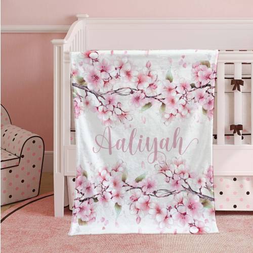 Cherry Blossom Blanket, Personalized Baby Blanket, Custom Name Nursery Blanket, Pink Floral Baby Shower Gift, Kids Custom Blanket For Her