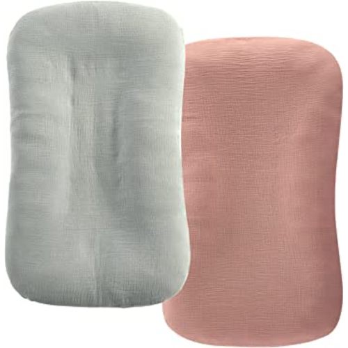 HOMBYS Muslin Baby Lounger Cover 2 Pack for Newborn, 100% Cotton Lounger Slipcover, Ultra Soft Removable Cover for Infant Lounger Pillow (Dusty Pink & Light Grey)