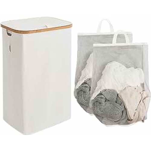 StorageWorks Large Laundry Hamper with Lid, 100L Tall Laundry Basket with Bamboo Handles and 2 Removable Inner Bag, Collapsible Laundry Hamper for Clothing, Toys, Towels, Beige, 1-Pack