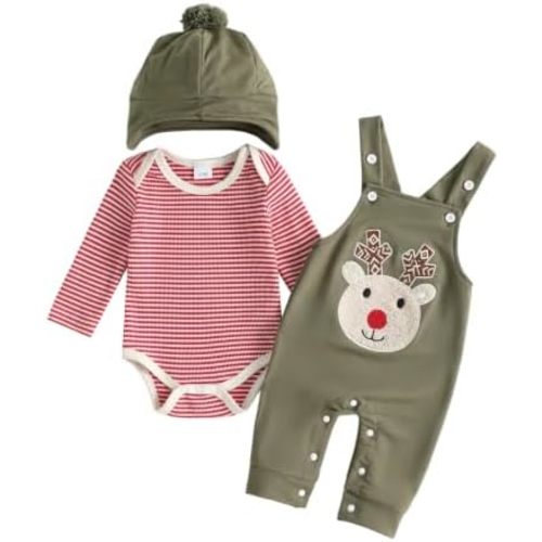Baby Boy Christmas Outfits Newborn Romper Overalls Pants Hat Set