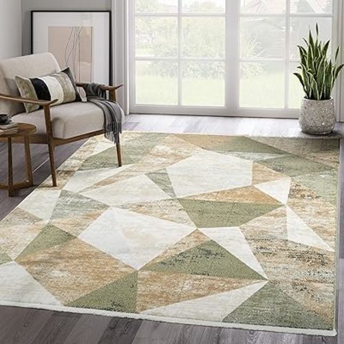 Abani Savoy Collection Area Rug - Green and Cream Geometric Design - 5'3"'x7'6 - Easy to Clean - Durable for Kids and Pets - Non-Shedding - Medium Pile - Soft Feel -for Living Room, Bedroom & Office