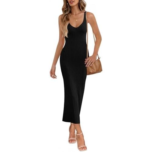 MEROKEETY Womens Summer Bodycon Knit Midi Dress 2026 Deep V Neck Sleeveless Baby Shower Vacation Ribbed Long Sweater Dresses