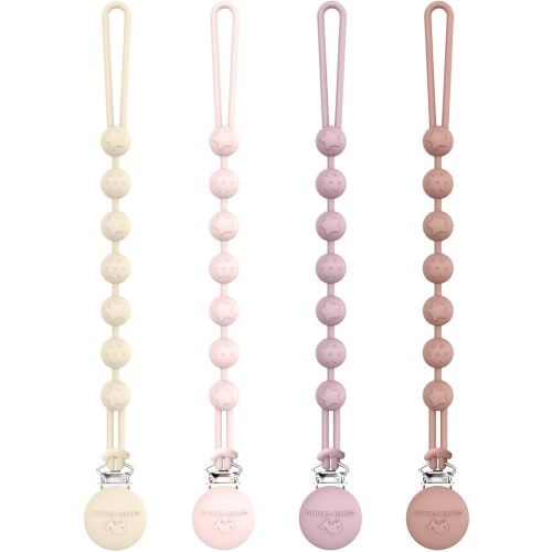 Cuddle Campus Silicone Pacifier Clip Holder with One Piece Design, Pack of 4 Soft Flexible Binky Clips with Texture for Baby Boy and Girl Set 5(6M+)