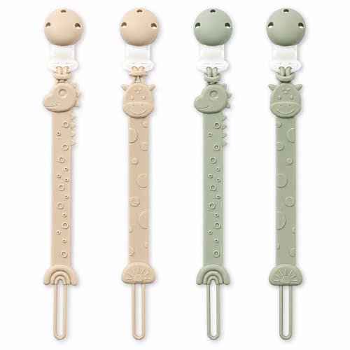 Pacifier Clips for Baby Boys Girls, One-Piece Silicone Pacifier Holder Strap 4 Pack, Binky Paci Clips Animal Rainbow Design, Lightweight Break-Resistant, Dishwasher Safe-Ivory+Sage