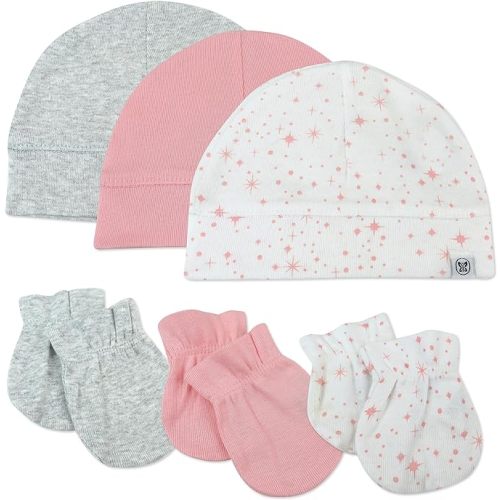 HonestBaby Multipack Baby Cap Hats and Mitts Sets No Scratch Mittens 100% Organic Cotton for Newborn Boys, Girls, Unisex - 6-pack Twinkle Star White/Pink - One Size