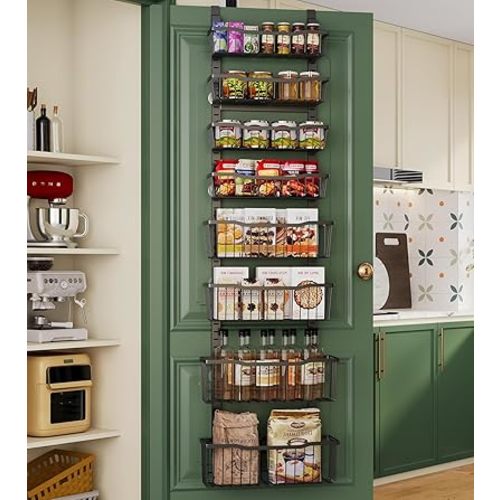 Over The Door Organizer,8-Tier Over The Door Pantry Organizer with Adjustable Baskets,Metal Hanging Pantry Organizers and Storage for Kitchen, Back of Door Seasoning Rack (Black)