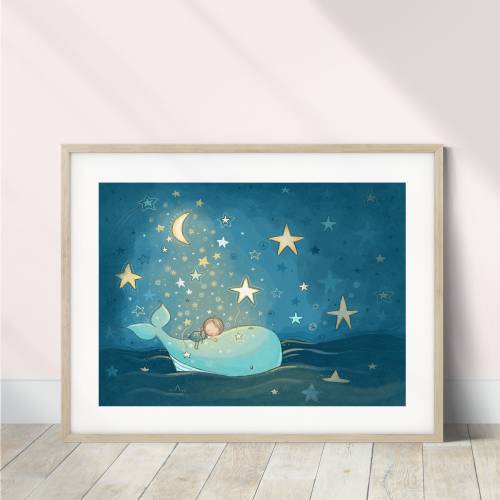 Whale Nursery Art Print | Baby Girl, Stars and Moon