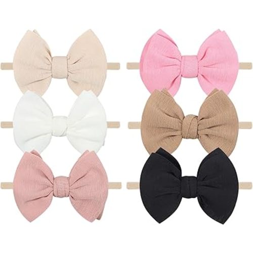 Baby Headbands (6PCS) - Soft Nylon Newborn Bows Beige, Black, White, Pink, Red, Khaki - Handmade Hair Hairbands Accessories for Girls Infants