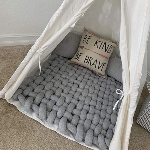 Wonder Space Knotted Braided Plush Mat, Baby Infant Newborn Sleeping Tummy Time Playing Nursery Rug Knot Floor Cushion, Handmade Pure Soft Cotton, Fashion Cute Toddler Children Room Decor, Grey