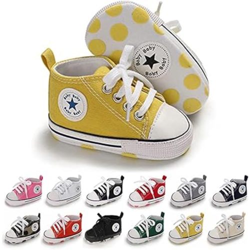Unisex Baby Soft Sole Sneakers, Canvas Denim High Top, Newborn Infant First Walkers