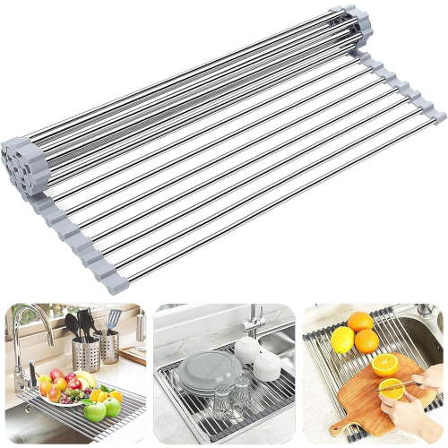 Roll up Dish Drying Rack, Over The Sink Kitchen Sink Dish Rack Multipurpose Stainless Steel Dry Rack Dish Drainer Foldable Dish Drying Rack for Sink Counter (17.7"x11.8")
