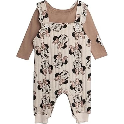Disney Baby Girls' Minnie Mouse 2 Piece Overall Set - Fleece Romper Long Sleeve T-Shirt Set (Newborn/Infant)