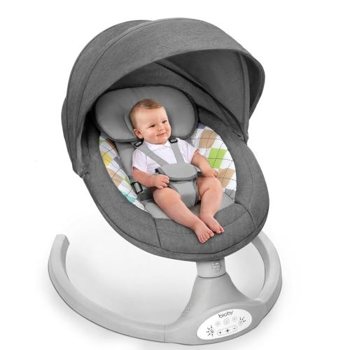 Bioby Baby Swing for Infants with 5 Natural Sway Speeds, Portable Bt Music Bouncer with Remote Control & 5-Point Harness, Lightweight Baby Rocker for 5-20 Lb,0-12 Months Grey