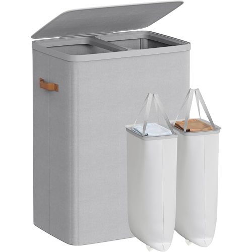 SONGMICS Laundry Basket, 44.9 Gal. Laundry Hamper, 2 Compartments, Easy Assembly, with Lid and Handles, Removable Inner Bags, 22 x 15.7 x 29.5 Inches, Dove Gray ULCB813G01