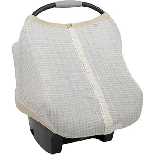 Little Unicorn 100% Cotton Muslin Car Seat Canopy | Super Soft Lightweight Cover with Window | Breathable | Magnetic Closure | Baby and Infant | Machine Washable | Shower Gift (Tan Gingham)