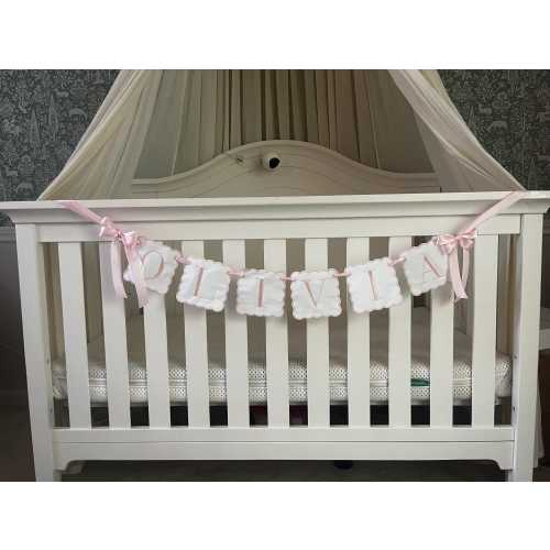 Custom Baby Name Banner, Scallopped Bow Name Banner, Embroidered Baby Banner, Pink and White Baby Name Banner, Custom Embroidered Banner