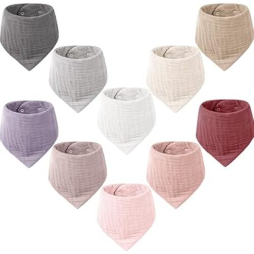 Konssy Muslin Baby Bibs 10 Pack Baby Bandana Drool Bibs 100% Cotton for Unisex Boys and Girls, Soft Absorbent Set for Teething and Drooling
