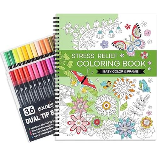 Adult Coloring Book Set for Women: Coloring Books for Adults Relaxation with 36 Colors Mrakers, Spiral Stress Relief Coloring Book with 30 Pattern Included Inspirational Flower Mandala, Gift for Women
