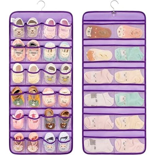 Dual-sided Hanging Baby Shoes Organizer Closet Toddler Shoe Storage Holder for Kids Bow Socks Underwear (PURPLE)