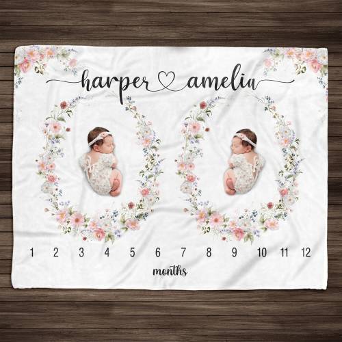 Personalized Wildflower Twin Baby Girls Milestone Blanket, Personalized Baby Month Blanket Vintage Style Botanical Baby Girl Blanket