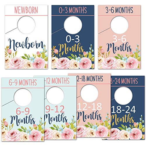 Baby Closet Size Dividers, Floral Closet Organizer for Girl, Nursery Wardrobe Divider Hangers to Arrange Clothes By Size or Age, Newborn Shower Gift, 0-24 Months
