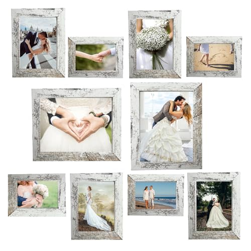 xnlkros Picture Frame Set 10 pack, Farmhouse Photo Frames, Gallery Wall Frame Collage, 8x10 5x7 4x6 Frames in 3 Different Finishes Picture Frames For Wall or Desk,Rustic White
