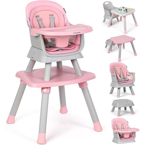 Cowiewie 8 in 1 Baby High Chair for Babies & Toddlers Table and Chair Set Building Block Table Highchair with Safety Harness,Removable Tray(Pink)