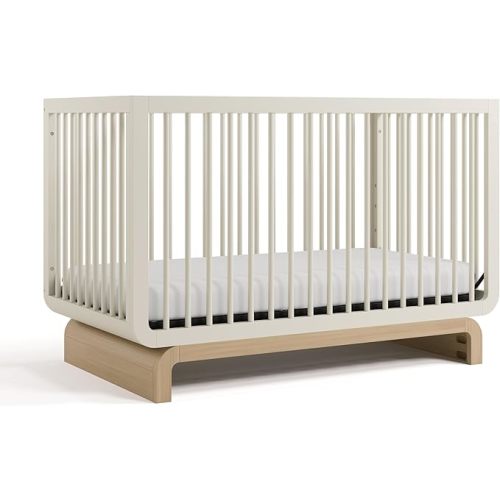 Storkcraft Santorini 5-in-1 Convertible Crib with Toddler Guardrail – GREENGUARD Gold Certified, Conversion Kit Included, 100% Solid Wood, Fits Standard Crib Mattress (Frosted Oat and Driftwood)