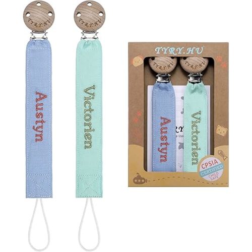 TYRY.HU Personalized Pacifier Clip with Name, Embroidery Webbing Pacifier Holder for Baby Girls and Boys, Neutral Binky Clips Universally Fit All Pacifiers & Baby Toys, Baby Gift, 2 Pack(Blue, Green)