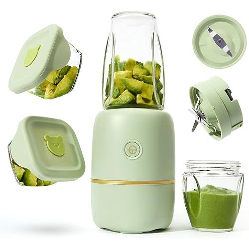 Bubble Blender, Baby Food Maker & Puree Blender with 2 Borosilicate Glass Cups, Compact Baby Bullet for Smoothies, Hands-Free One-Touch, 200W Motor, Sage