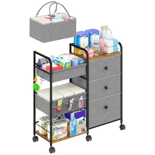 2In1 Baby Diaper Caddy Organizer and Storage, 3 Tier Rolling Cart with Dividers and Drawers, Mobile Utility Cart Baby Dresser Clothes Organizer for Changing Table, Crib Nursery, Bedroom, Grey