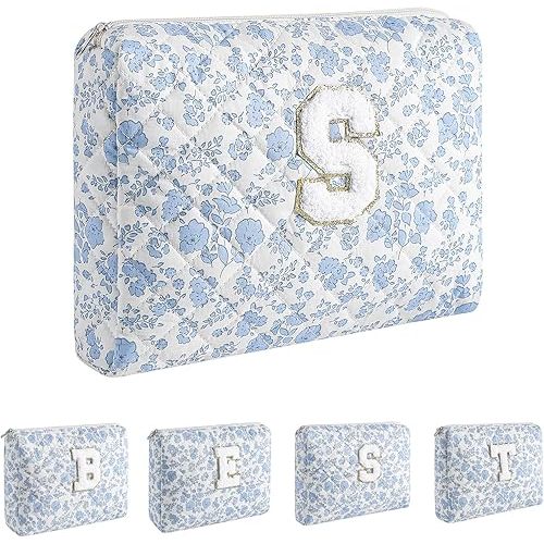 Alphabet Makeup Bag Cosmetic Bag for Women, Christmas Gifts for Age 11-18, Personalized Floral Coquette Travel Bag, Trendy Stuff Zipper Make Up Pouch Organizer Bag (Blue Floral S)