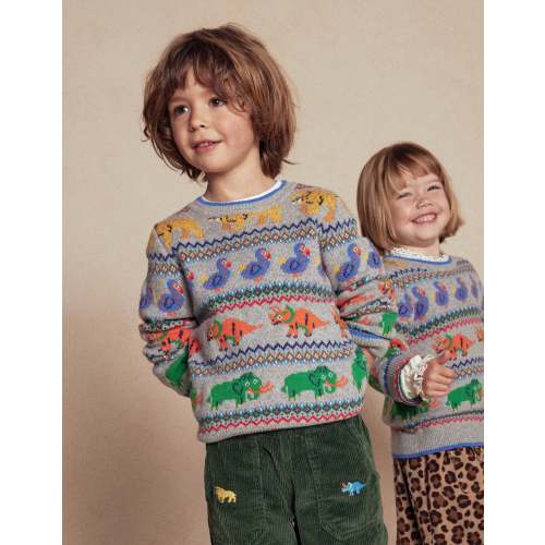 Fair Isle Jumper-Grey Marl Prehistoric Animals