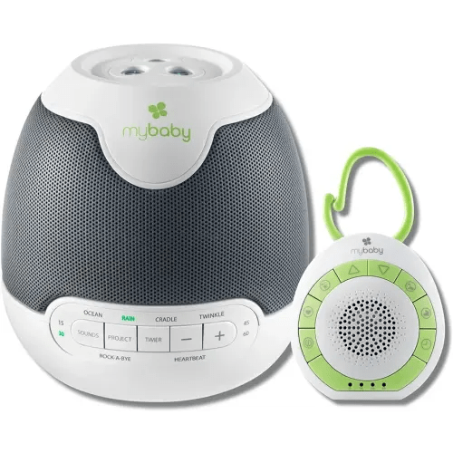 MyBaby Travel Bundle. Lullaby Sound Machine & Projector with 6 Sounds and Projects Soothing Images + MyBaby Clip Baby Sound Machine with 4 Soothing Sounds, Integrated Clip, Small and Lightweight